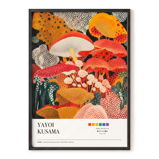 Polka-Dot Fungi Forest, red, orange, green nature wall art, front artwork view