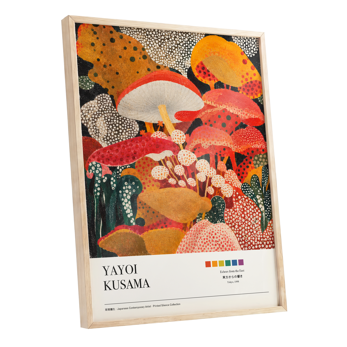 Polka-Dot Fungi Forest, red, orange, green nature wall art shown as a oak framed poster wall art print