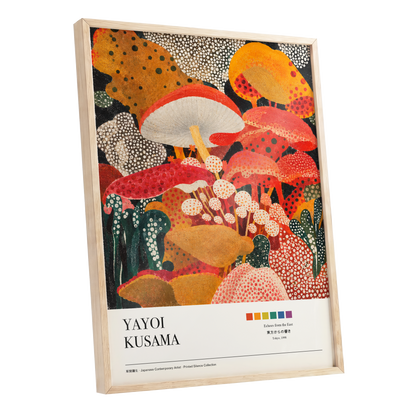 Polka-Dot Fungi Forest, red, orange, green nature wall art shown as a oak framed poster wall art print