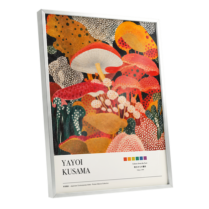 Polka-Dot Fungi Forest, red, orange, green nature wall art shown as a silver framed poster wall art print