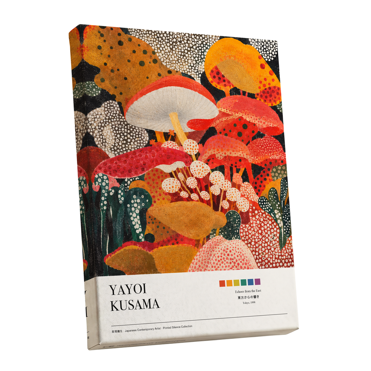 Polka-Dot Fungi Forest, red, orange, green nature wall art shown as a stretched canvas wall art