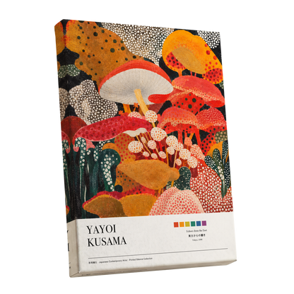 Polka-Dot Fungi Forest, red, orange, green nature wall art shown as a stretched canvas wall art