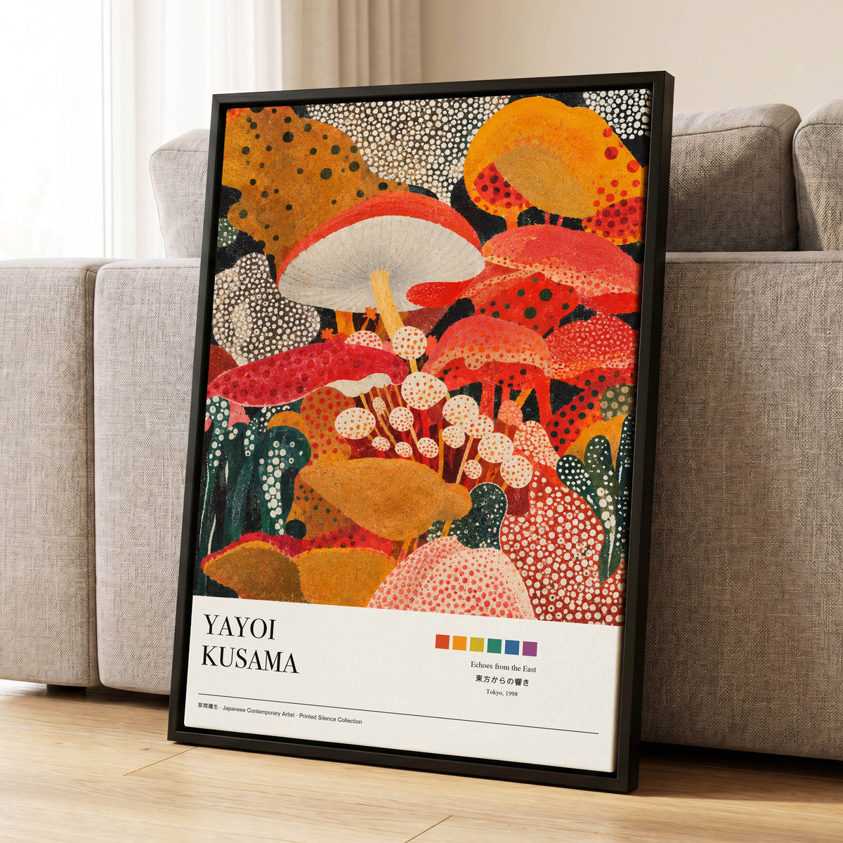 Polka-Dot Fungi Forest, red, orange, green nature wall art displayed in a styled interior, gallery view 1