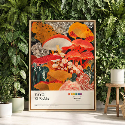 Polka-Dot Fungi Forest, red, orange, green nature wall art displayed in a styled interior, gallery view 2