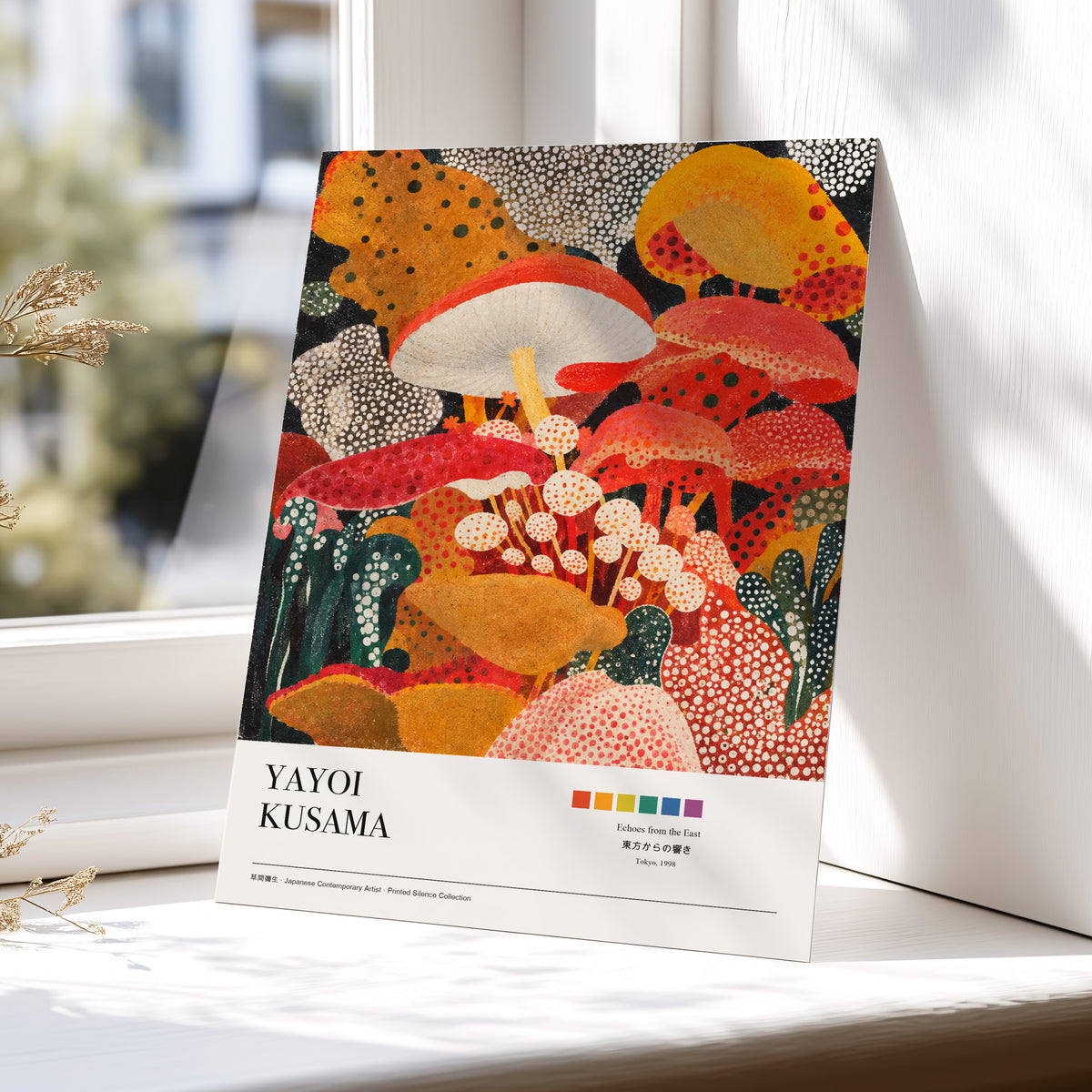 Polka-Dot Fungi Forest, red, orange, green nature wall art displayed in a styled interior, gallery view 6