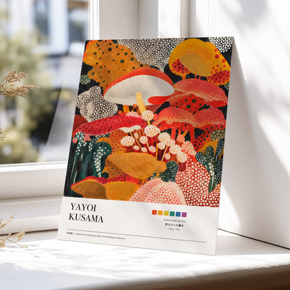 Polka-Dot Fungi Forest, red, orange, green nature wall art displayed in a styled interior, gallery view 6