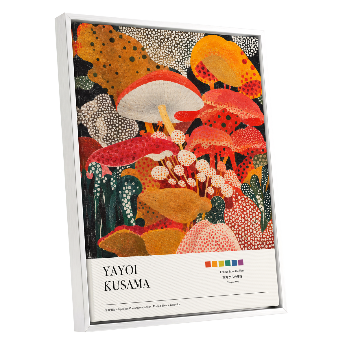 Polka-Dot Fungi Forest, red, orange, green nature wall art shown as a white framed canvas wall art