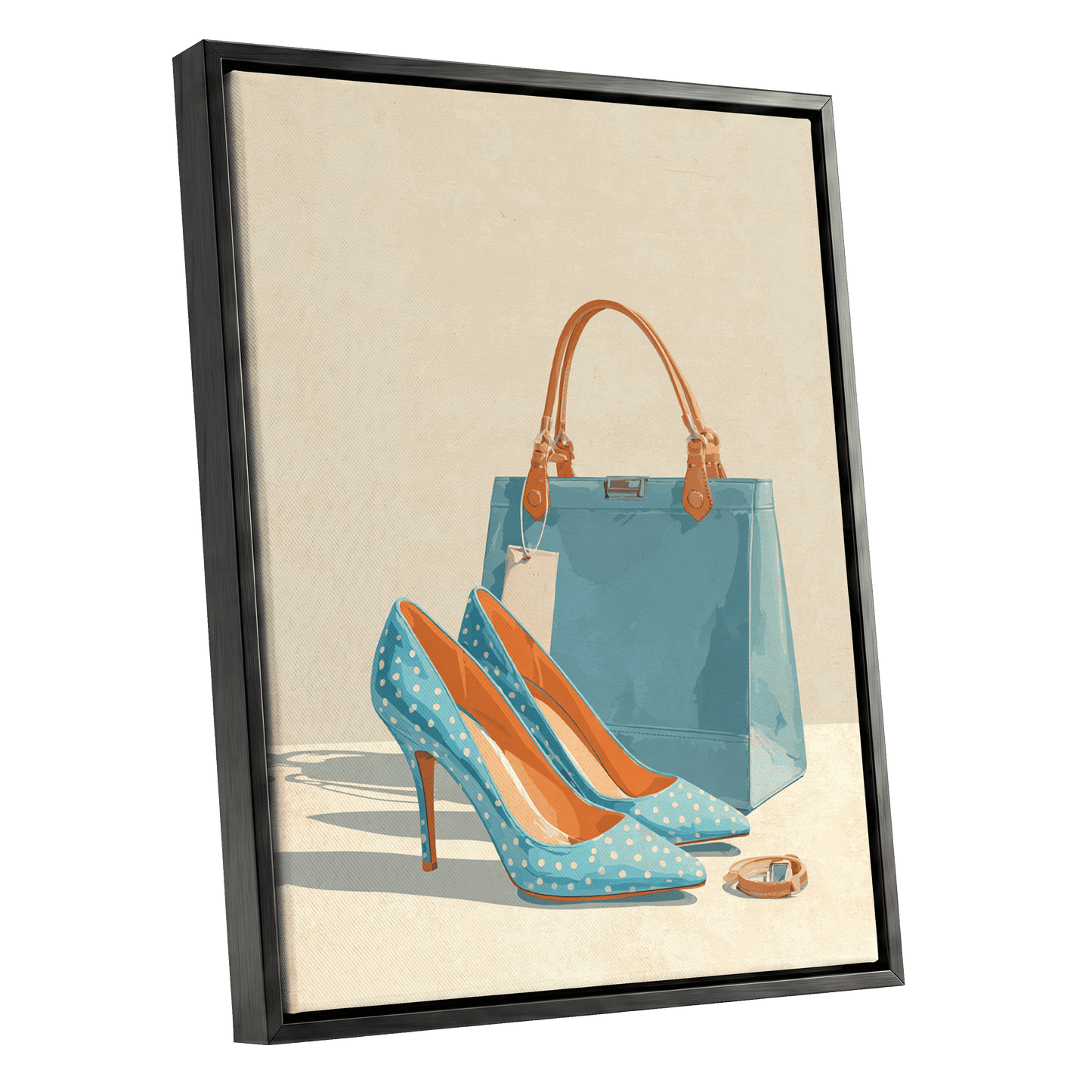 Polka Dot Poise, blue, beige, orange minimalist wall art shown as a black framed canvas wall art