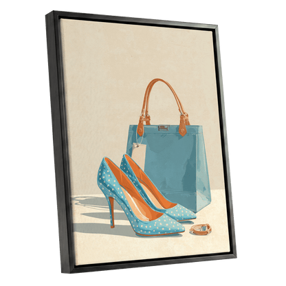 Polka Dot Poise, blue, beige, orange minimalist wall art shown as a black framed canvas wall art