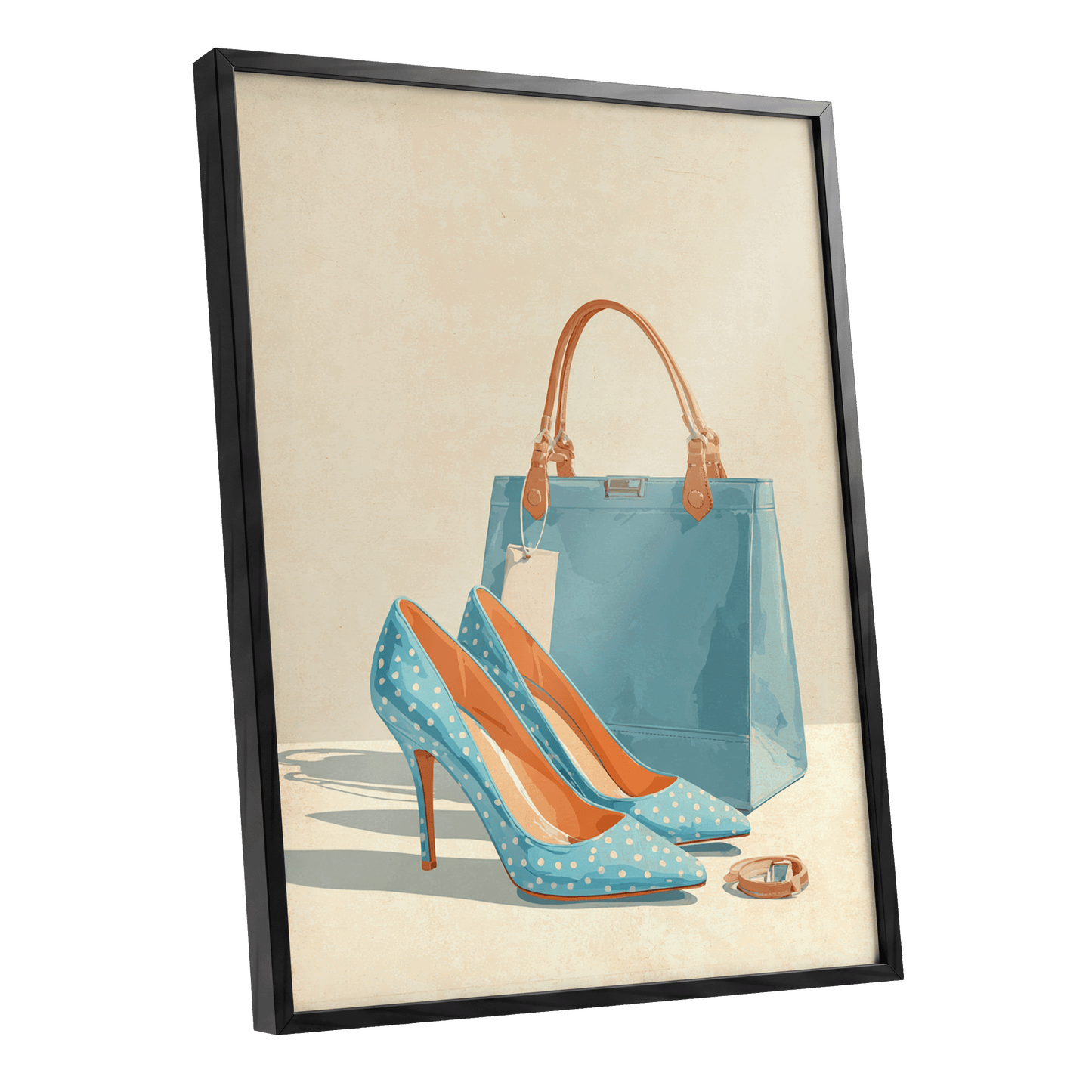 Polka Dot Poise, blue, beige, orange minimalist wall art shown as a black framed poster wall art print