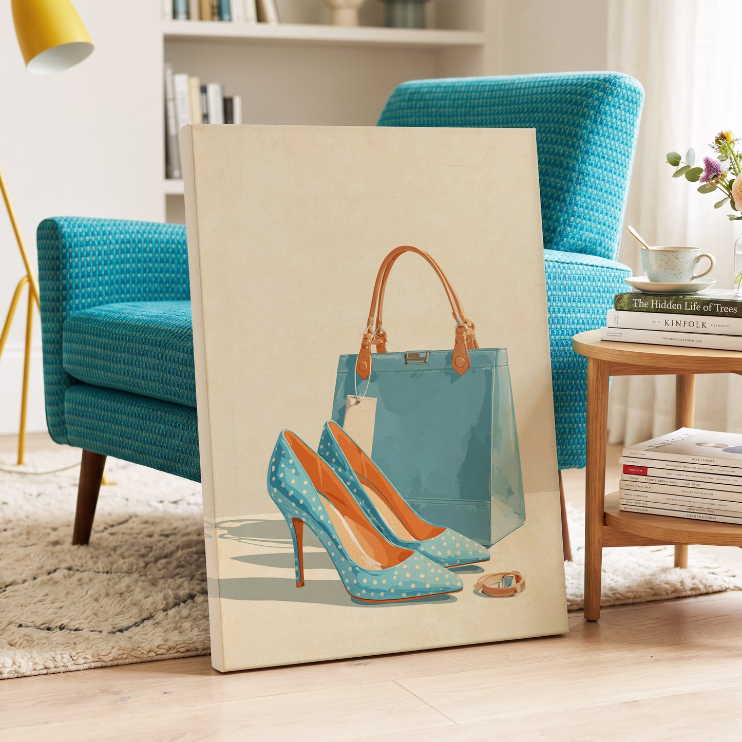 Polka Dot Poise, blue, beige, orange minimalist wall art on canvas displayed in a styled interior, gallery view 1