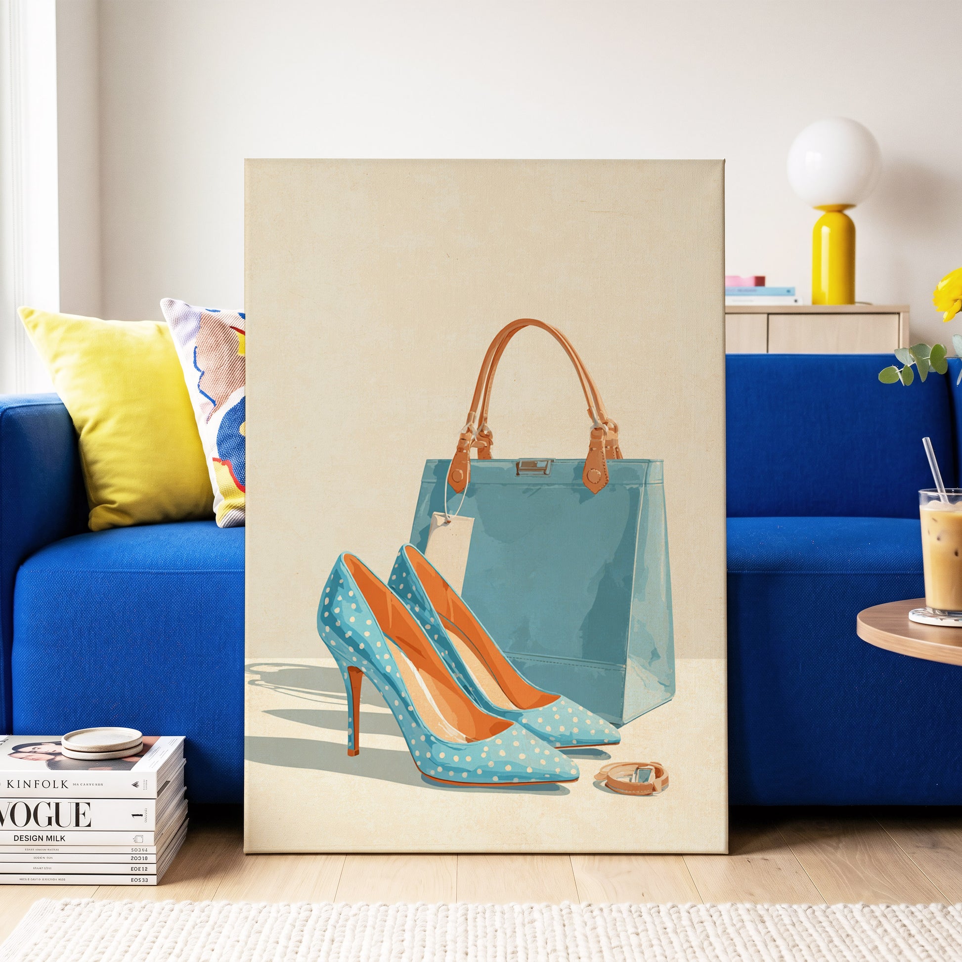 Polka Dot Poise, blue, beige, orange minimalist wall art on canvas displayed in a styled interior, gallery view 2