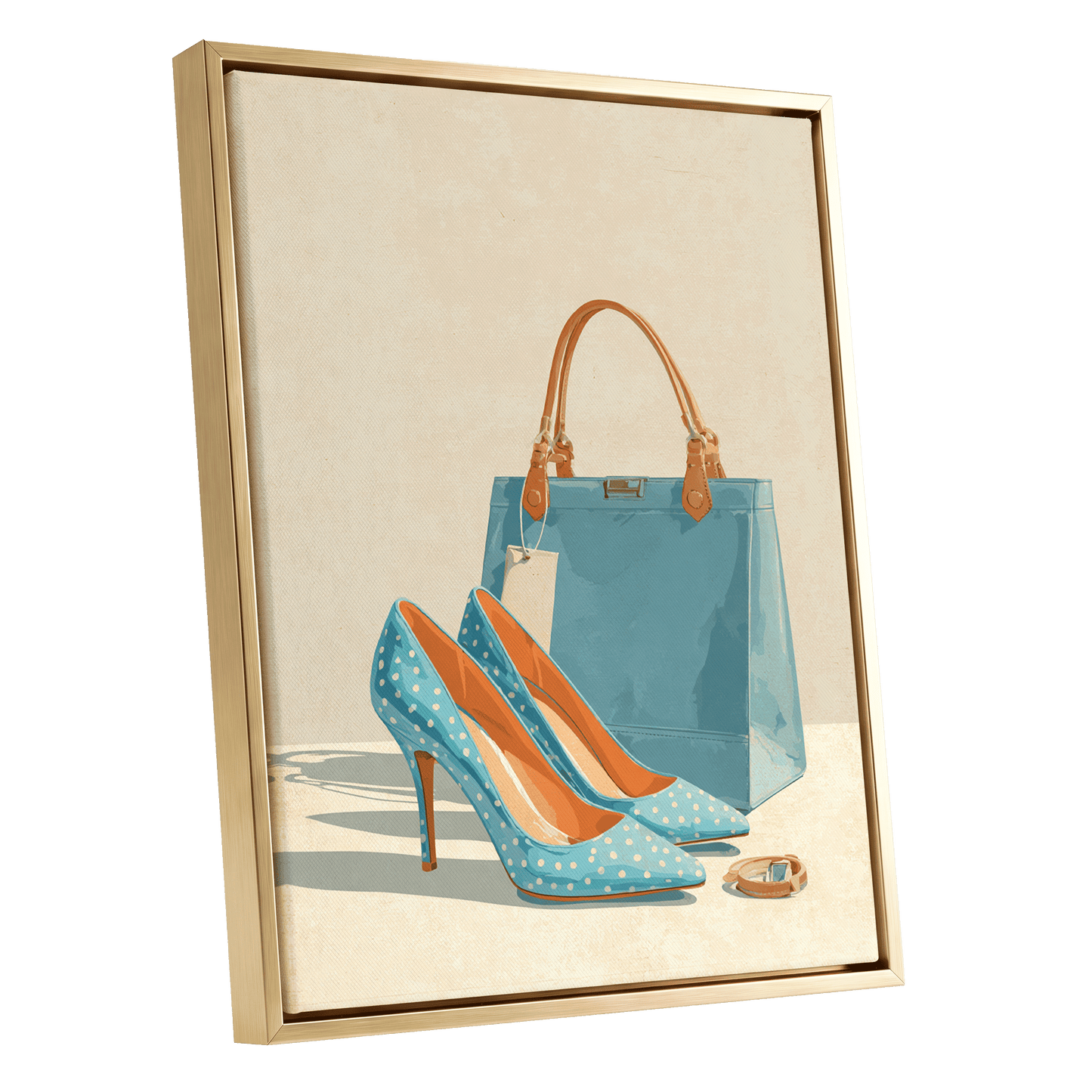 Polka Dot Poise, blue, beige, orange minimalist wall art shown as a gold framed canvas wall art