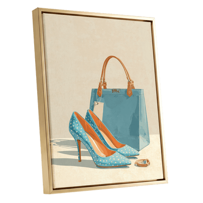 Polka Dot Poise, blue, beige, orange minimalist wall art shown as a gold framed canvas wall art