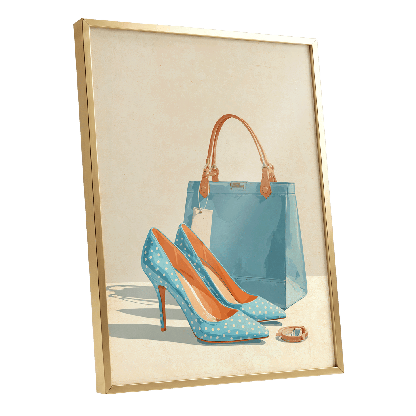 Polka Dot Poise, blue, beige, orange minimalist wall art shown as a gold framed poster wall art print