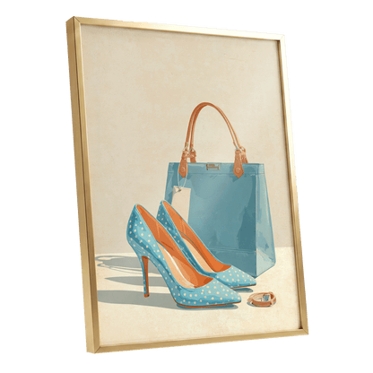 Polka Dot Poise, blue, beige, orange minimalist wall art shown as a gold framed poster wall art print