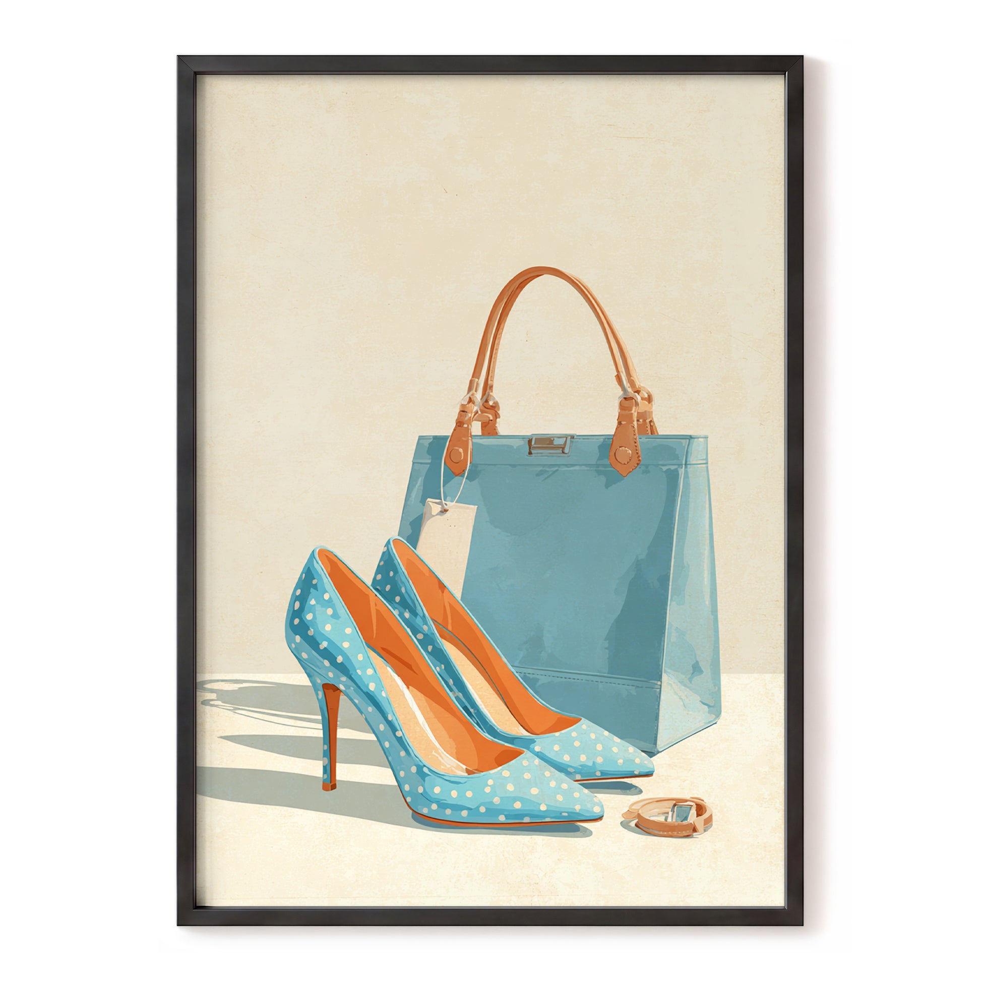 Polka Dot Poise, blue, beige, orange minimalist wall art, front artwork view