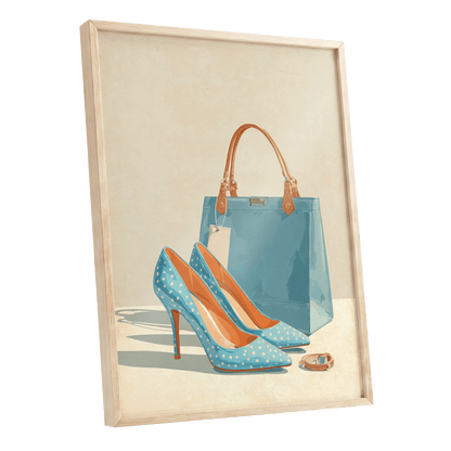 Polka Dot Poise, blue, beige, orange minimalist wall art shown as a oak framed poster wall art print
