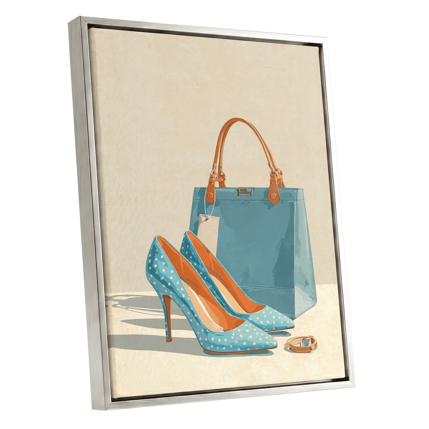Polka Dot Poise, blue, beige, orange minimalist wall art shown as a silver framed canvas wall art