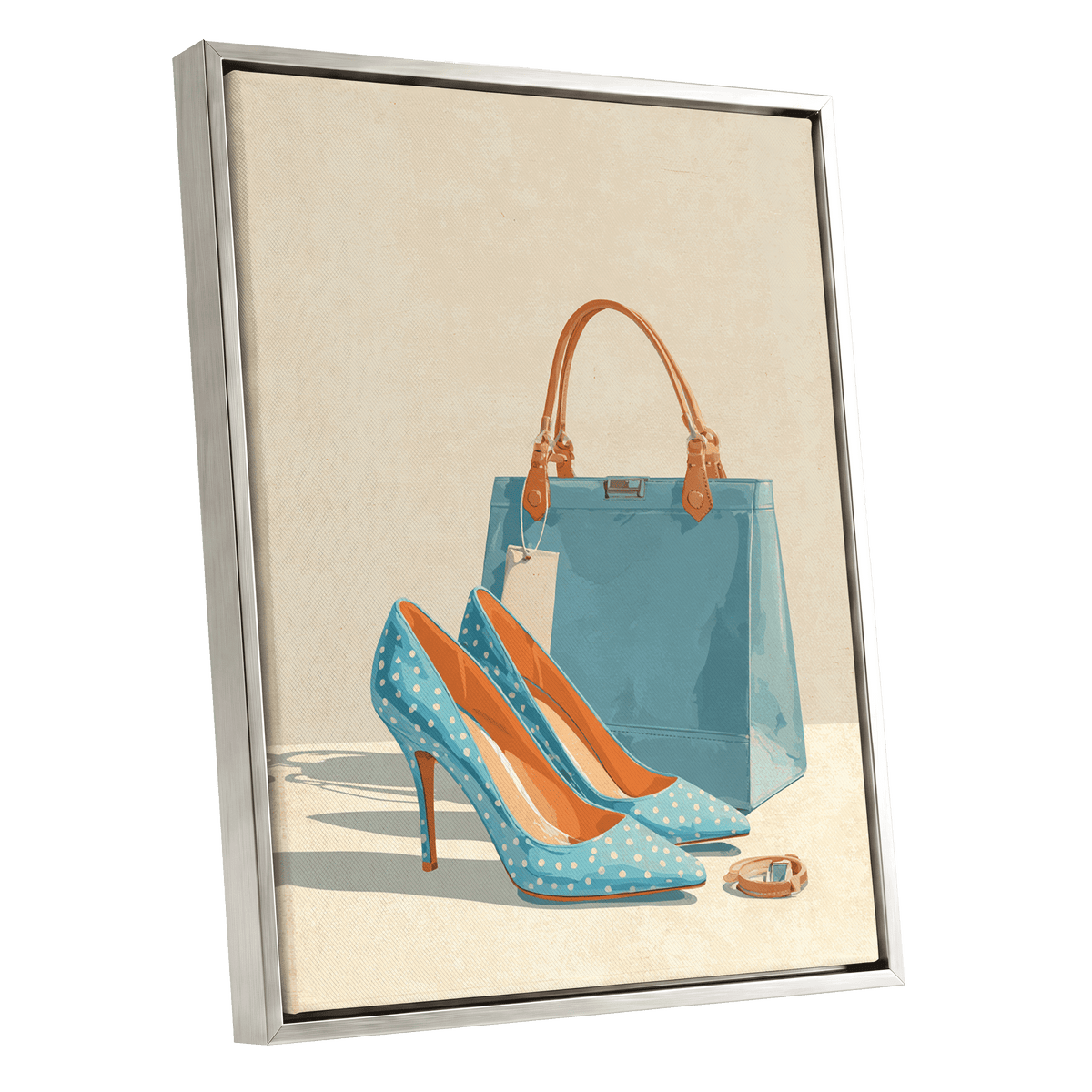 Polka Dot Poise, blue, beige, orange minimalist wall art shown as a silver framed canvas wall art