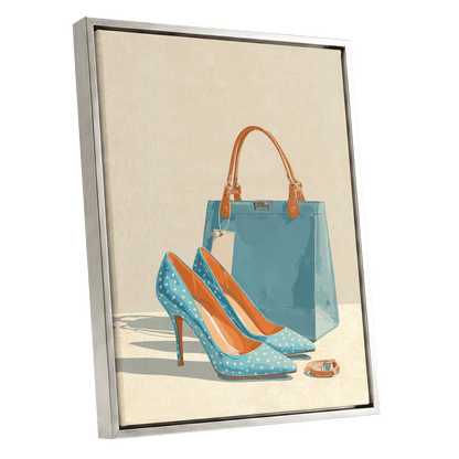 Polka Dot Poise, blue, beige, orange minimalist wall art shown as a silver framed canvas wall art