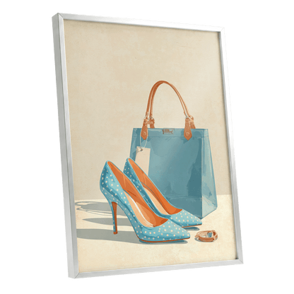 Polka Dot Poise, blue, beige, orange minimalist wall art shown as a silver framed poster wall art print