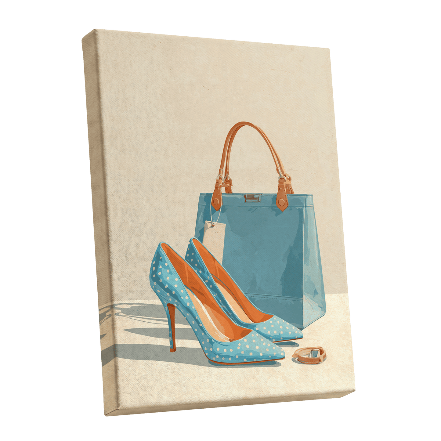 Polka Dot Poise, blue, beige, orange minimalist wall art shown as a stretched canvas wall art