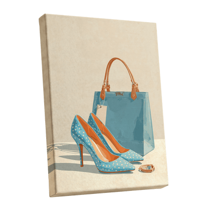 Polka Dot Poise, blue, beige, orange minimalist wall art shown as a stretched canvas wall art