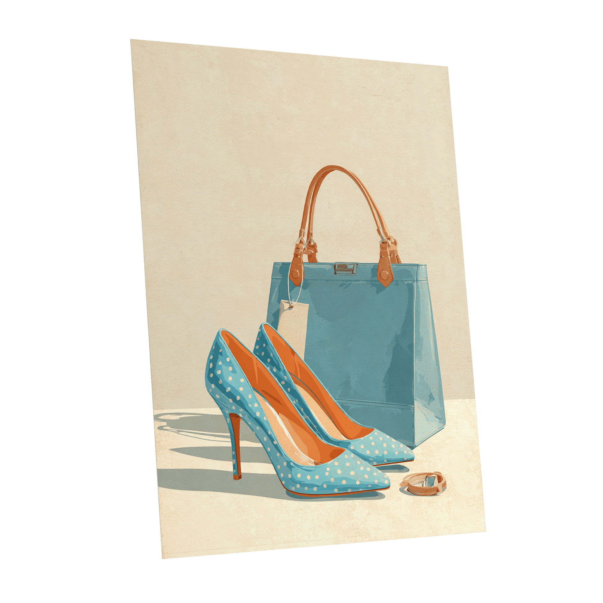 Polka Dot Poise, blue, beige, orange minimalist wall art shown as a unframed poster wall art print
