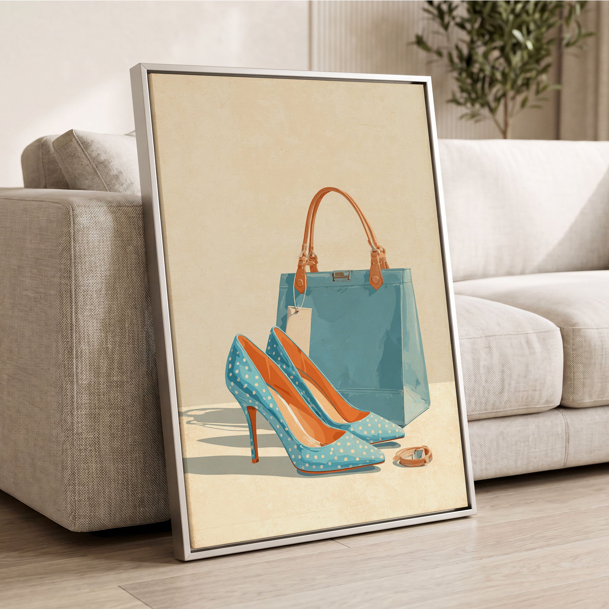 Polka Dot Poise, blue, beige, orange minimalist wall art displayed in a styled interior, gallery view 2