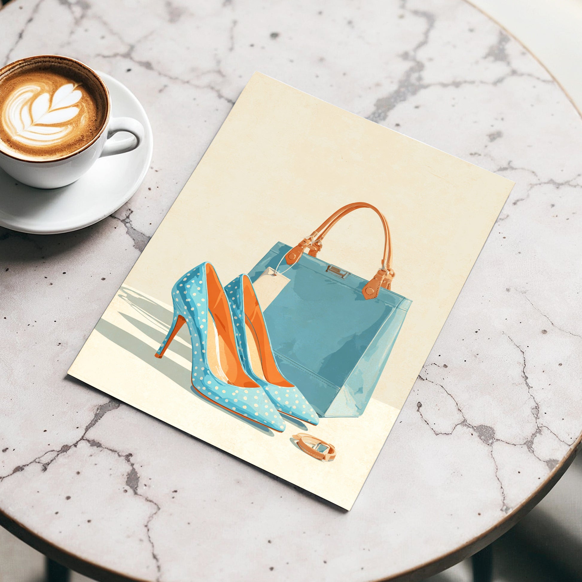 Polka Dot Poise, blue, beige, orange minimalist wall art displayed in a styled interior, gallery view 3