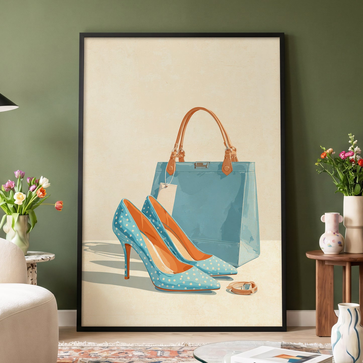 Polka Dot Poise, blue, beige, orange minimalist wall art displayed in a styled interior, gallery view 4