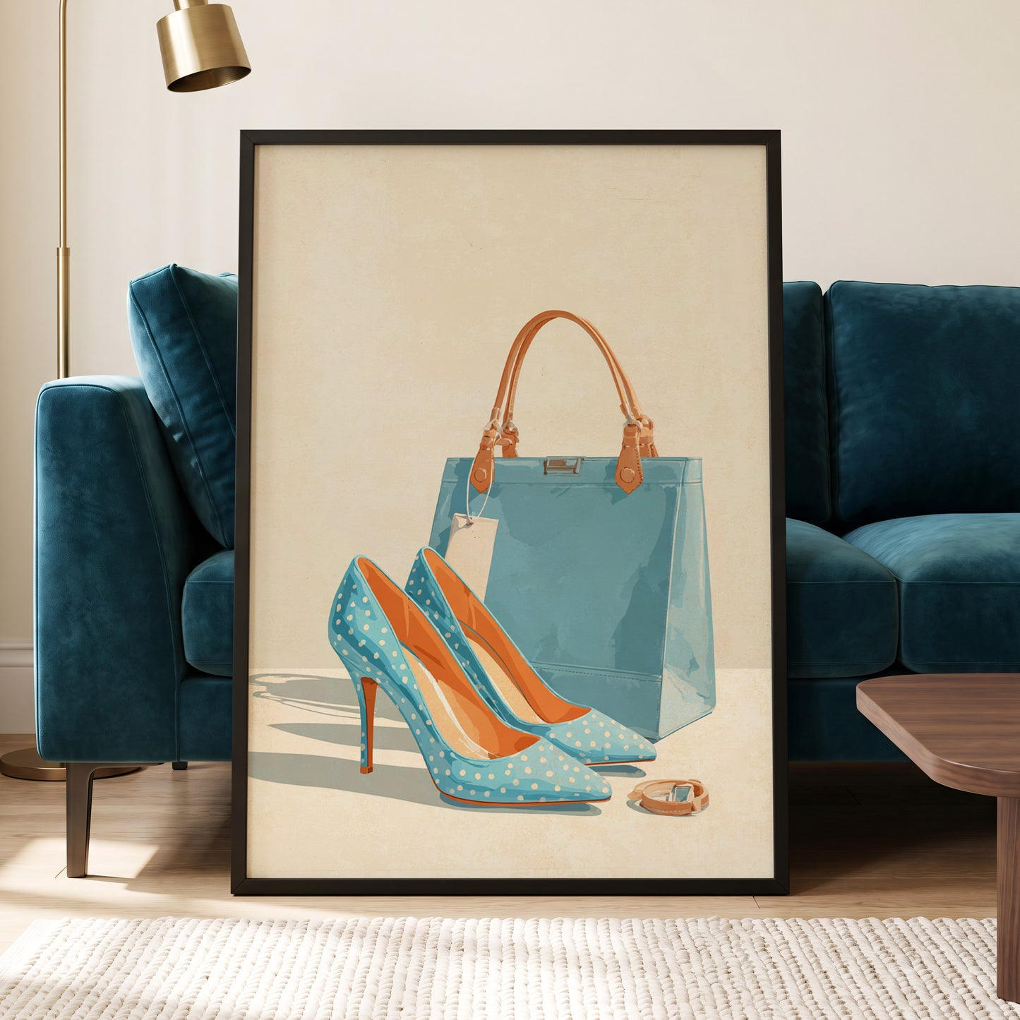 Polka Dot Poise, blue, beige, orange minimalist wall art displayed in a styled interior, gallery view 5