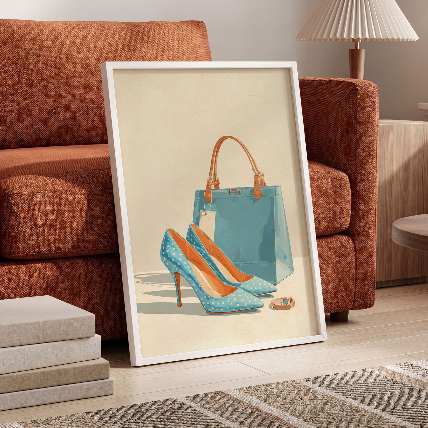 Polka Dot Poise, blue, beige, orange minimalist wall art displayed in a styled interior, gallery view 6