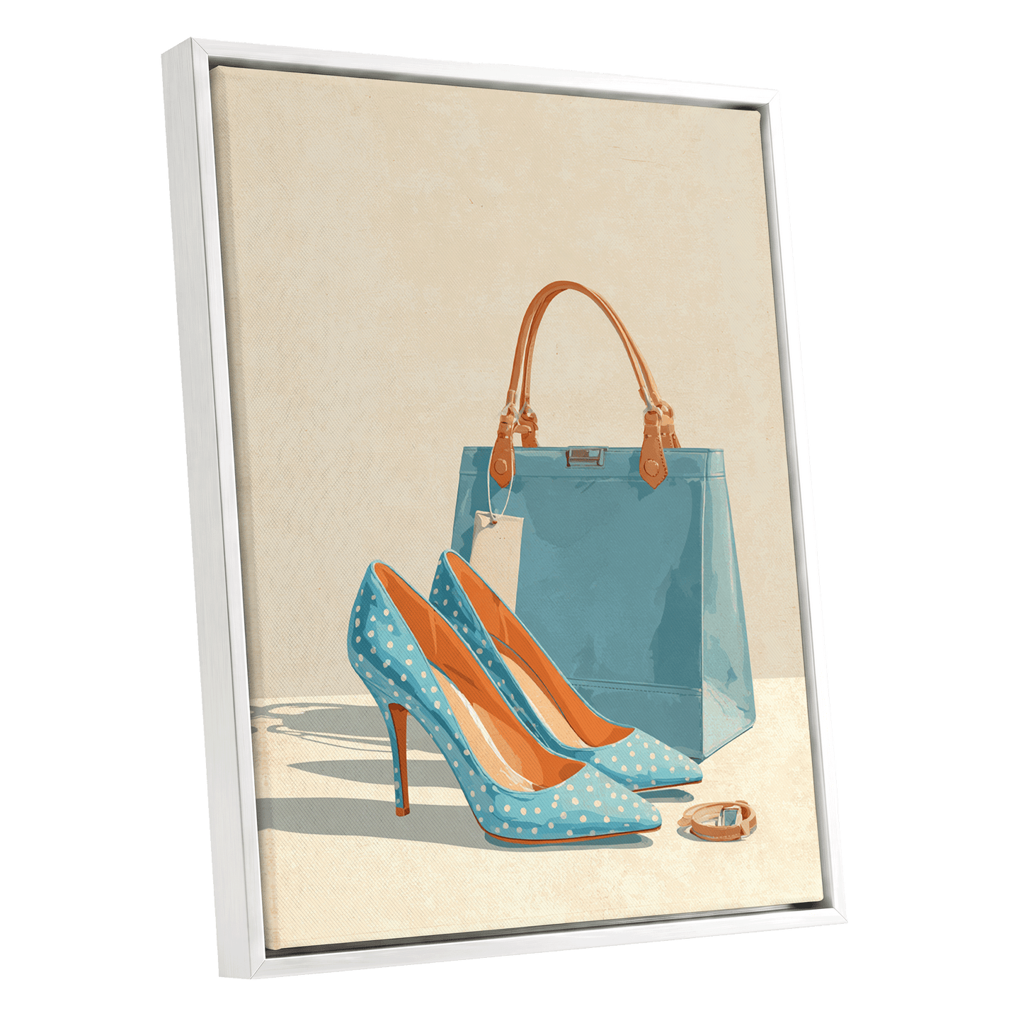 Polka Dot Poise, blue, beige, orange minimalist wall art shown as a white framed canvas wall art