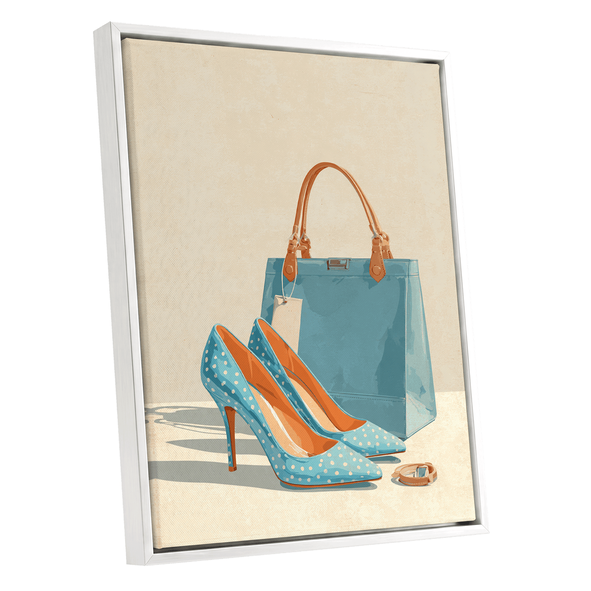 Polka Dot Poise, blue, beige, orange minimalist wall art shown as a white framed canvas wall art