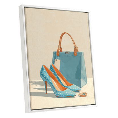 Polka Dot Poise, blue, beige, orange minimalist wall art shown as a white framed canvas wall art