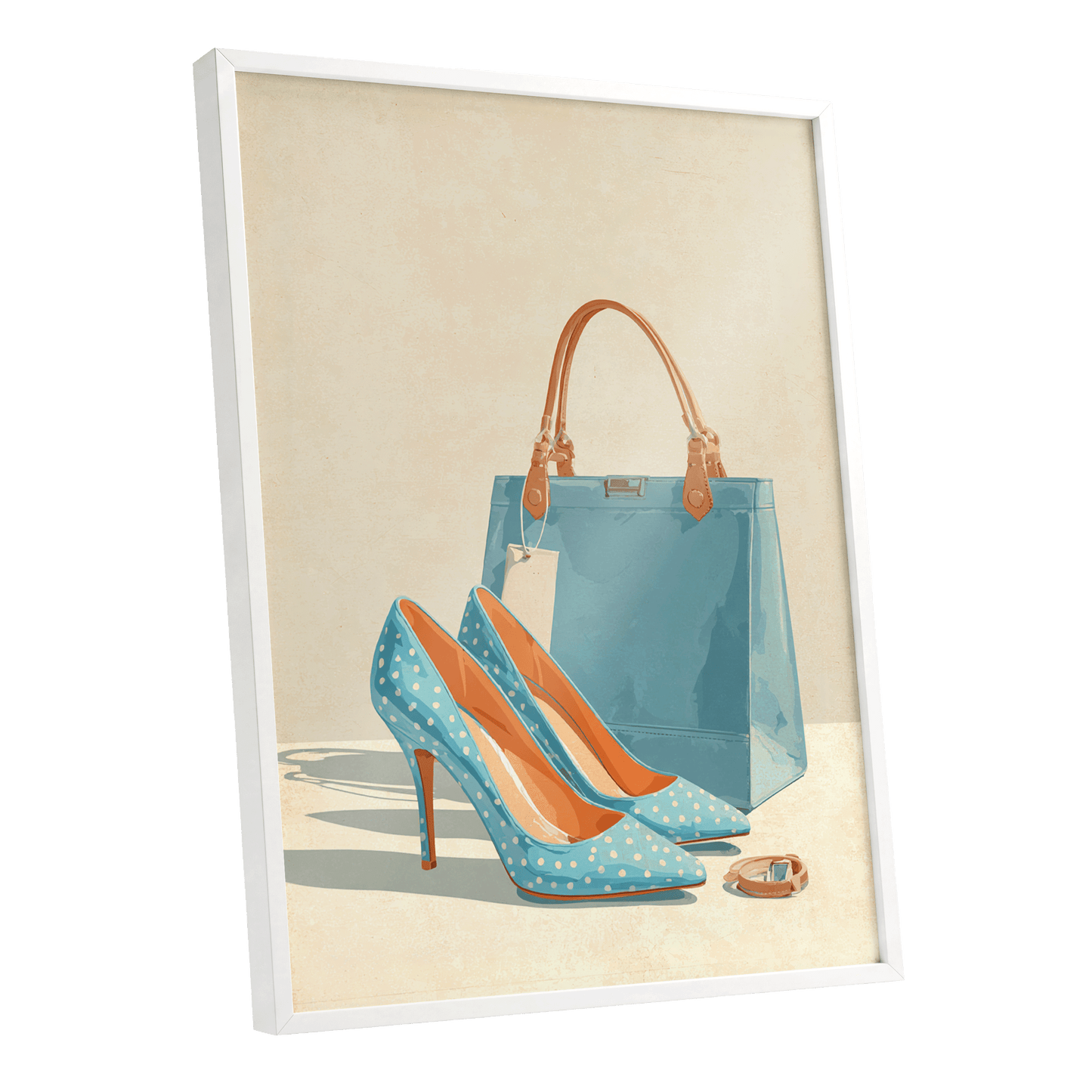 Polka Dot Poise, blue, beige, orange minimalist wall art shown as a white framed poster wall art print