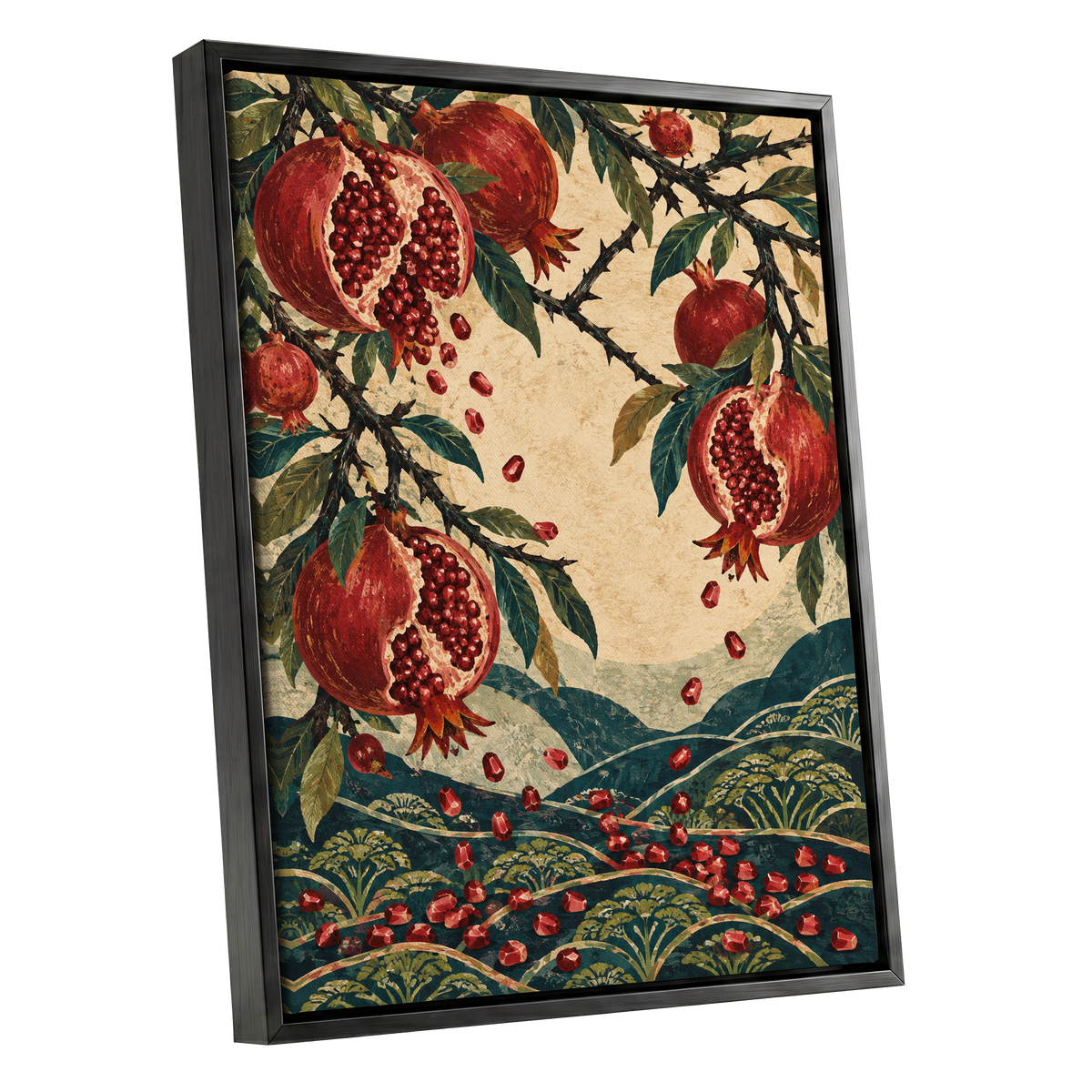 Pomegranate Cascade, red, green, beige nature wall art shown as a black framed canvas wall art