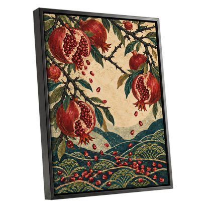 Pomegranate Cascade, red, green, beige nature wall art shown as a black framed canvas wall art