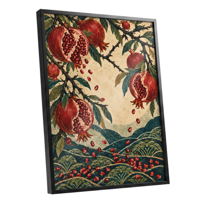 Pomegranate Cascade, red, green, beige nature wall art shown as a black framed poster wall art print