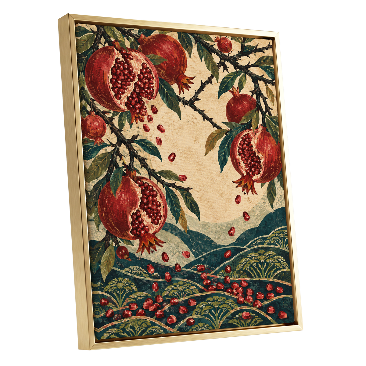 Pomegranate Cascade, red, green, beige nature wall art shown as a gold framed canvas wall art