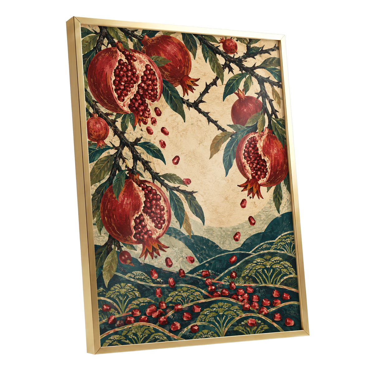 Pomegranate Cascade, red, green, beige nature wall art shown as a gold framed poster wall art print