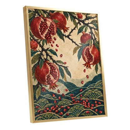 Pomegranate Cascade, red, green, beige nature wall art shown as a gold framed poster wall art print
