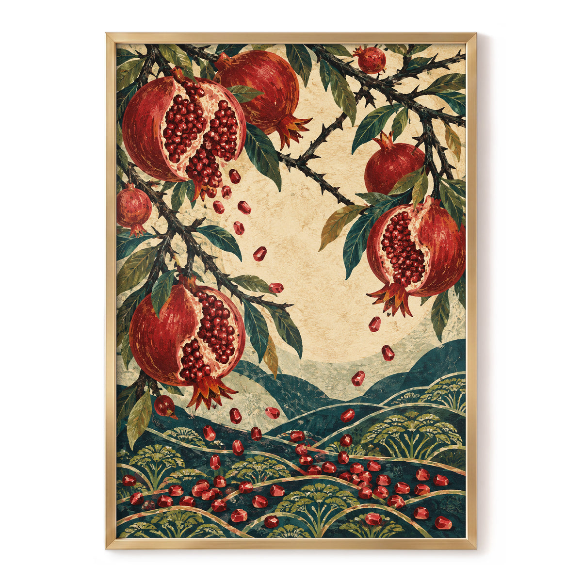 Pomegranate Cascade, red, green, beige nature wall art, front artwork view