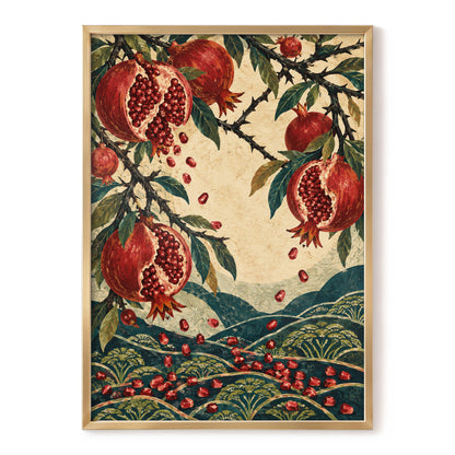 Pomegranate Cascade, red, green, beige nature wall art, front artwork view