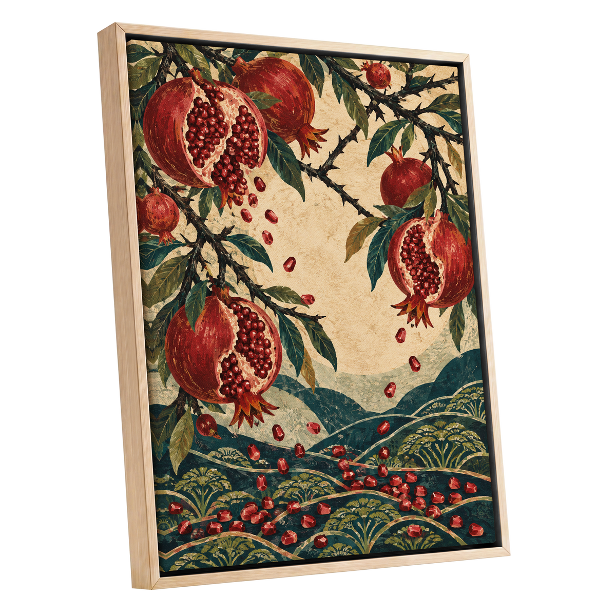 Pomegranate Cascade, red, green, beige nature wall art shown as a oak framed canvas wall art