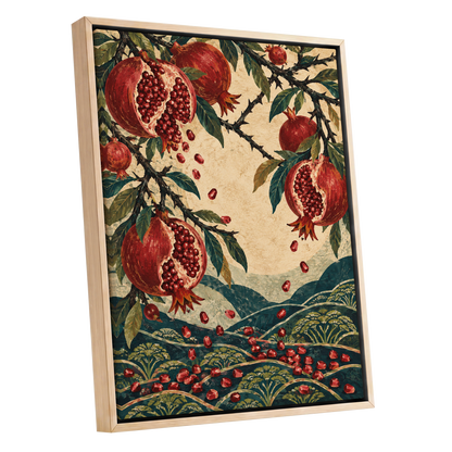 Pomegranate Cascade, red, green, beige nature wall art shown as a oak framed canvas wall art