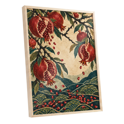 Pomegranate Cascade, red, green, beige nature wall art shown as a oak framed poster wall art print