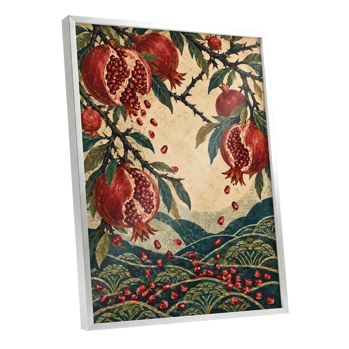 Pomegranate Cascade, red, green, beige nature wall art shown as a silver framed poster wall art print
